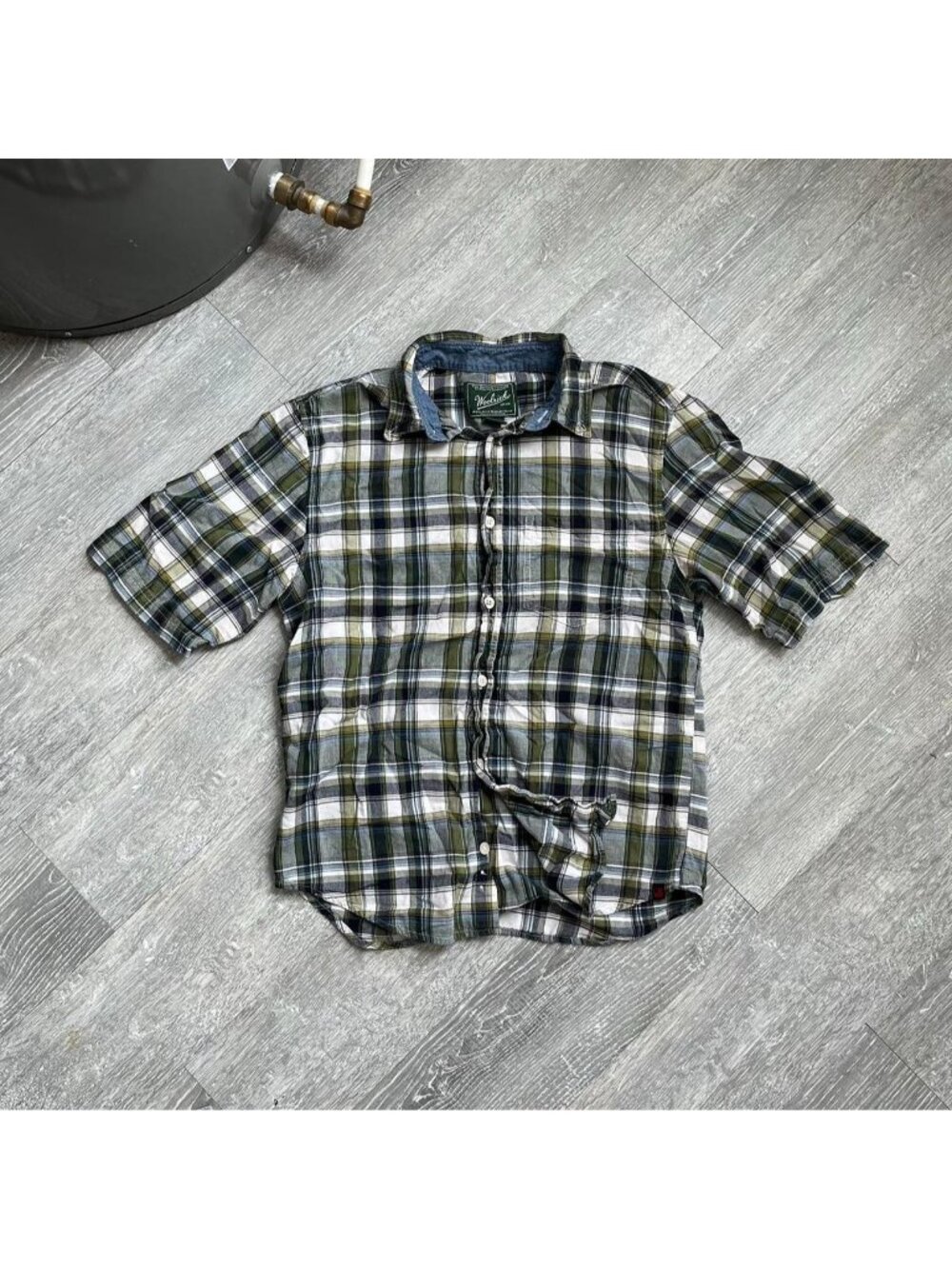 Green / White / Navy Blue Woolrich Plaid Button-Up Short Sleeve Shirt